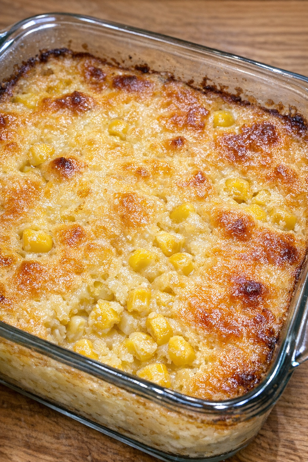 Close-up of baked corn pudding in a glass dish