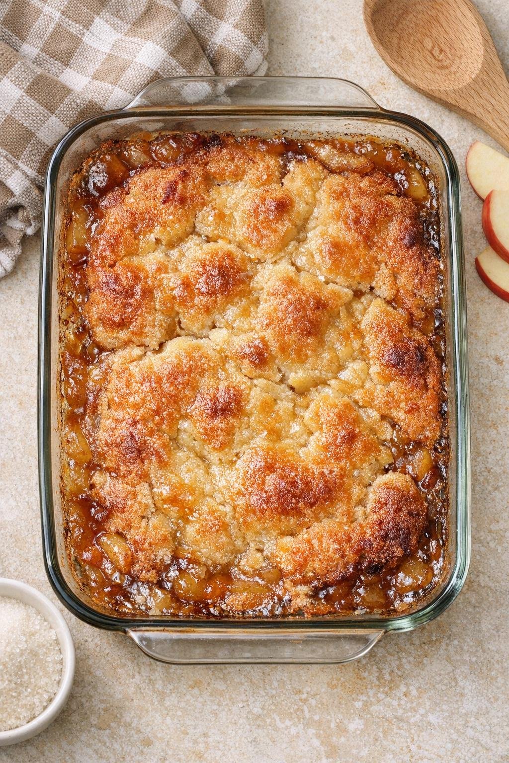 Baked apple butter cake dessert in a glass baking dish