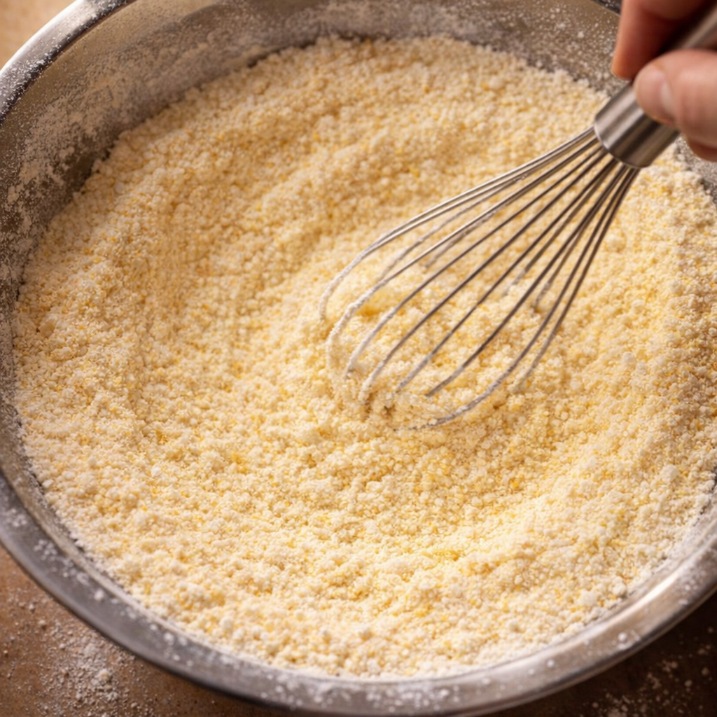 Dry cake and pudding mix being whisked together