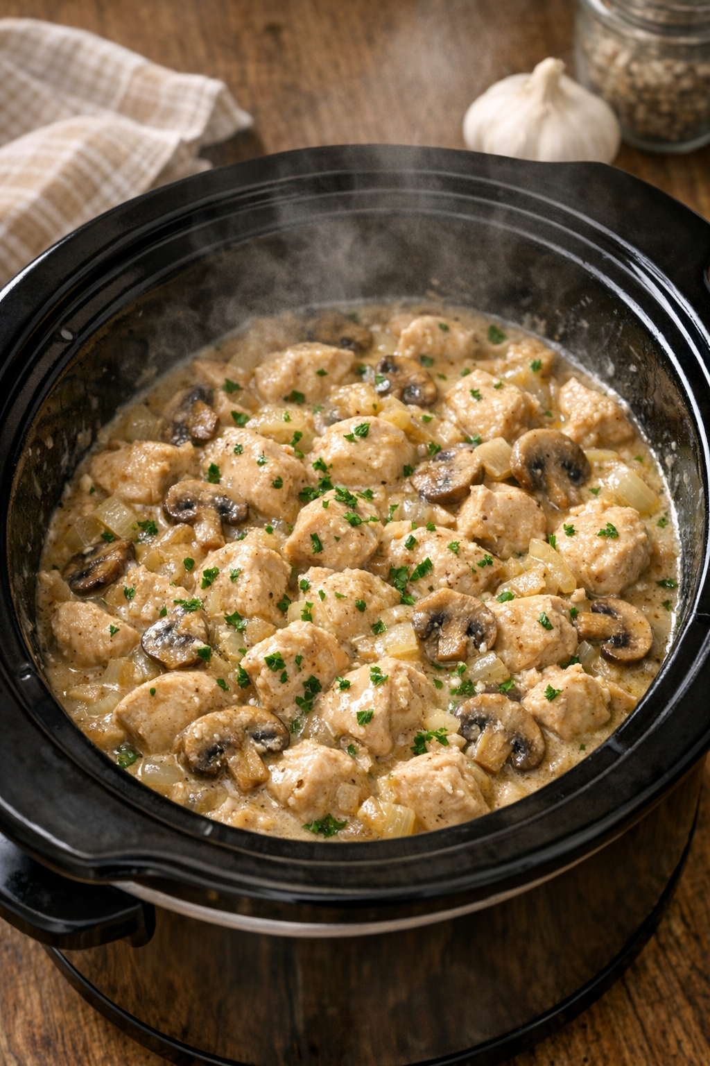 Cooked chicken in creamy sauce in slow cooker