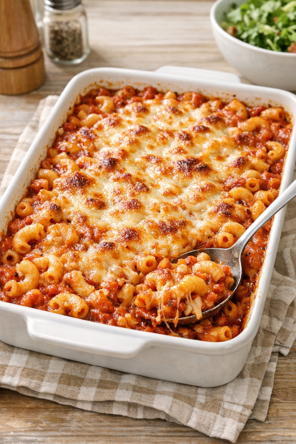 Baked roasted tomato macaroni in a casserole dish