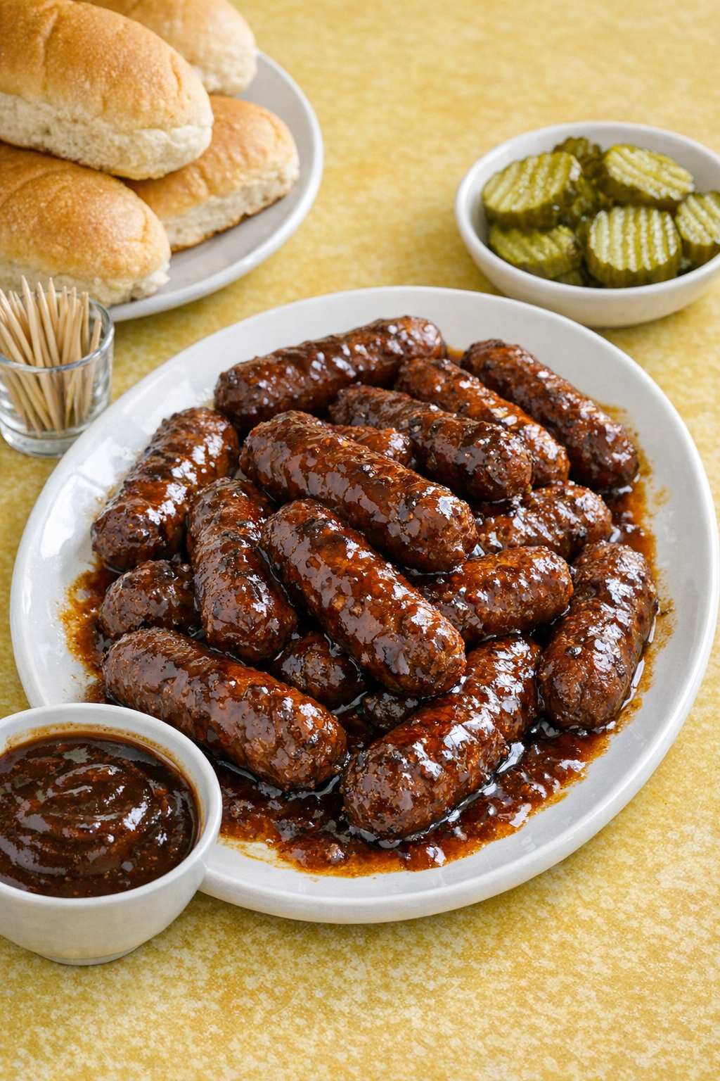 Finished tailgate beef sausages glazed and plated