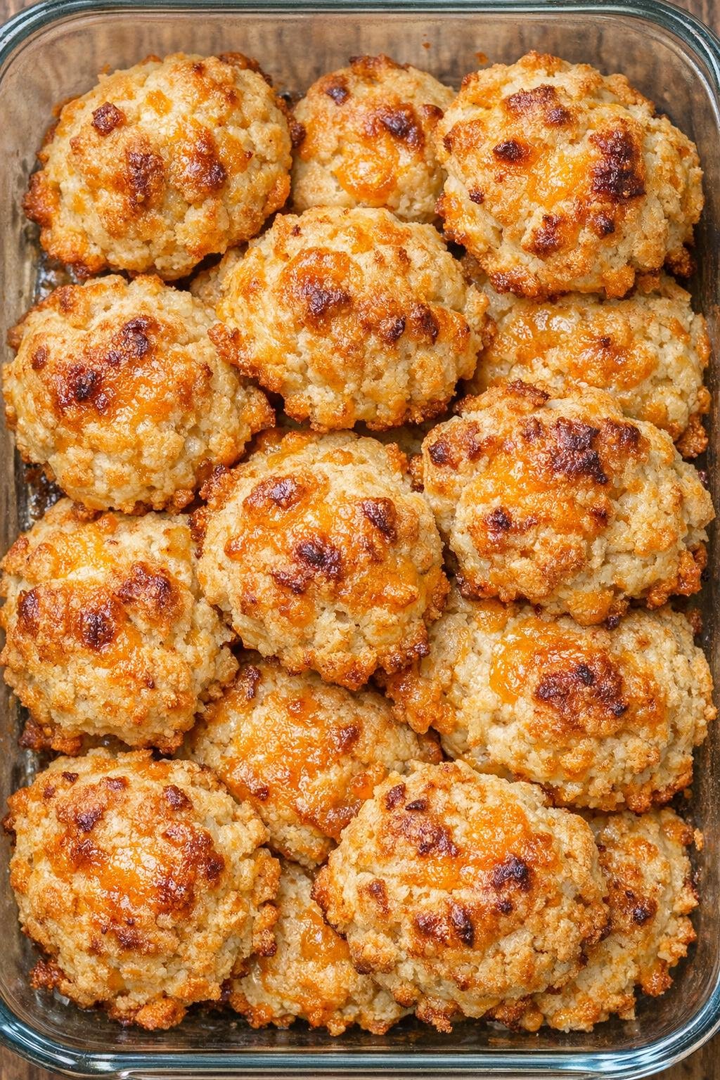 Southern 3-ingredient baked cheddar drops in a glass casserole dish