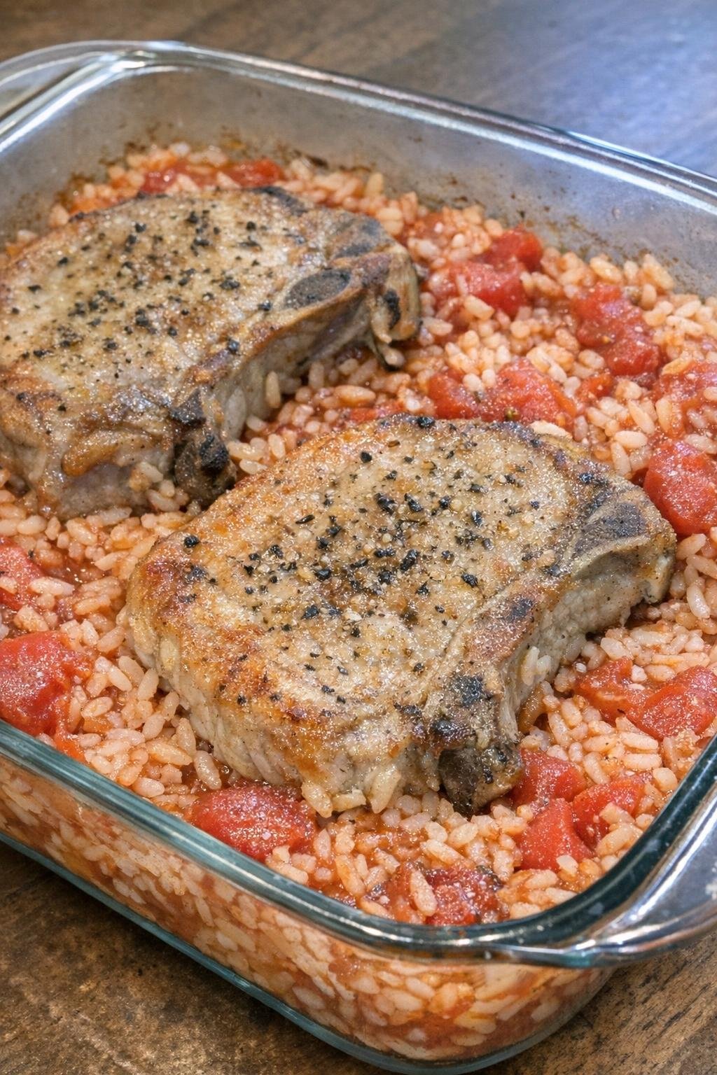 Pork chops baked over tomato rice in a clear baking dish