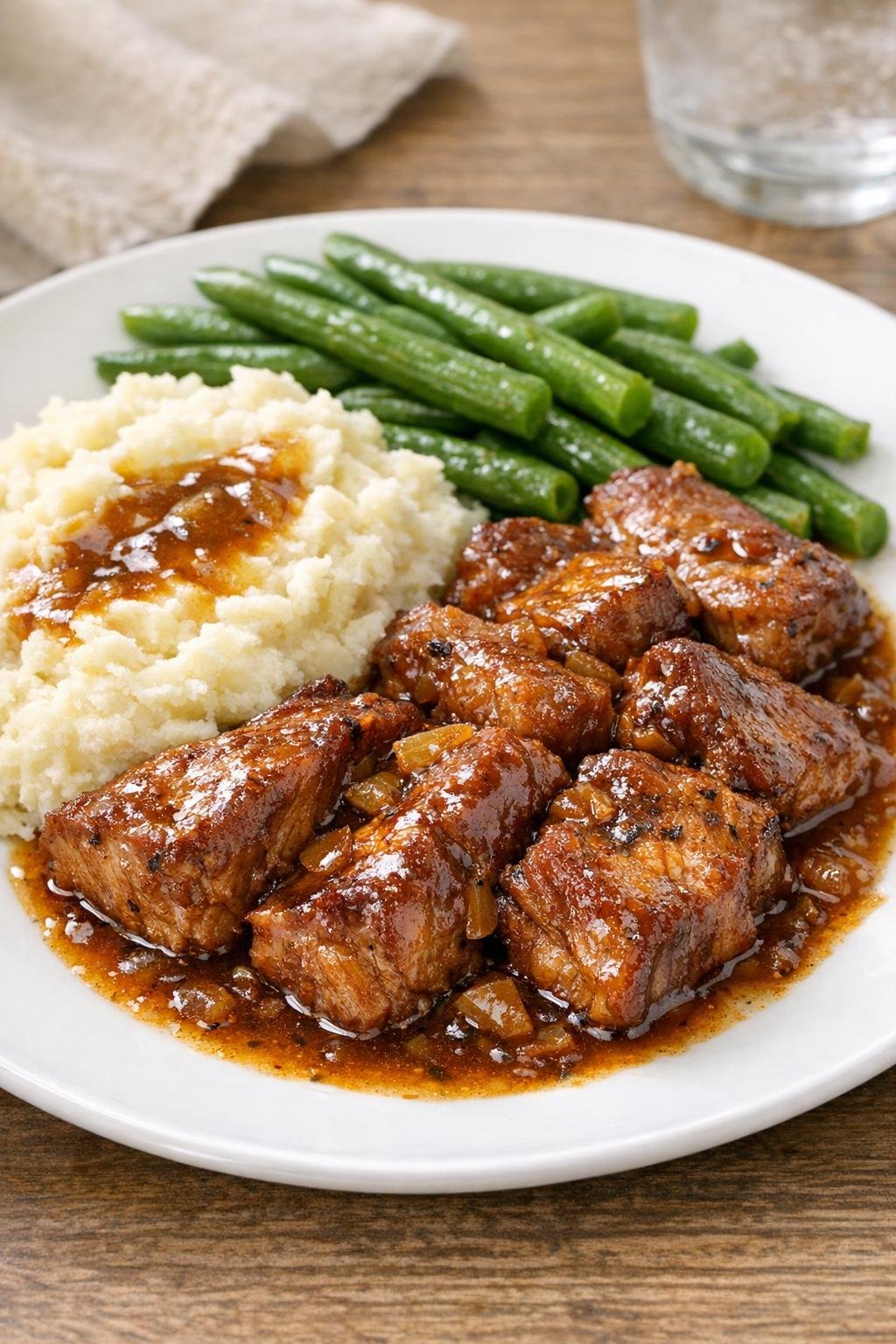Finished slow cooker pork rib dinner plated with sauce