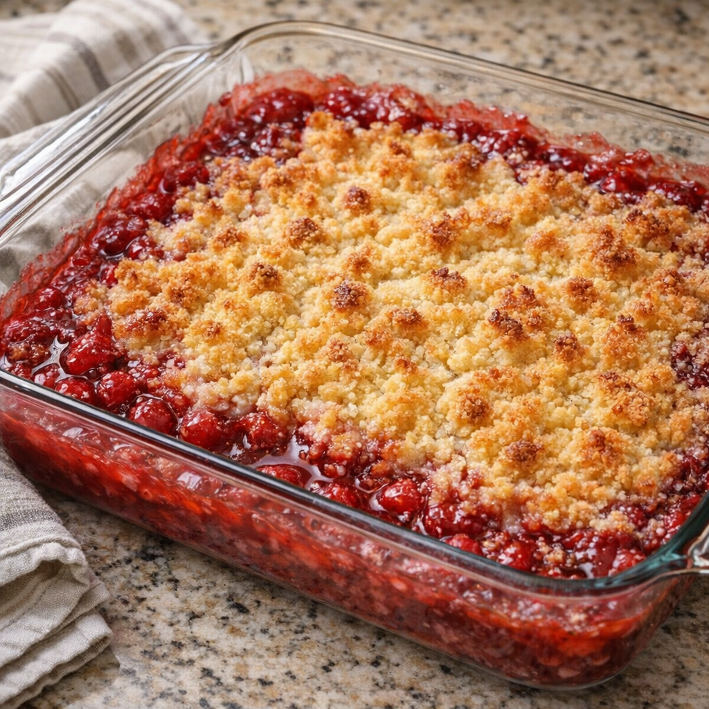 Freshly baked raspberry dump cake in a glass casserole dish