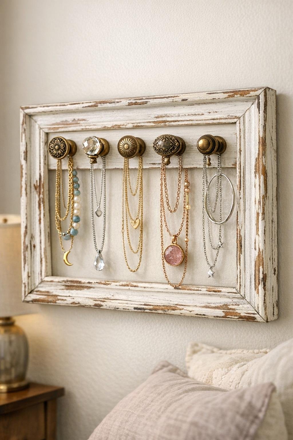 Finished jewelry organizer made from a distressed white frame with antique brass knobs