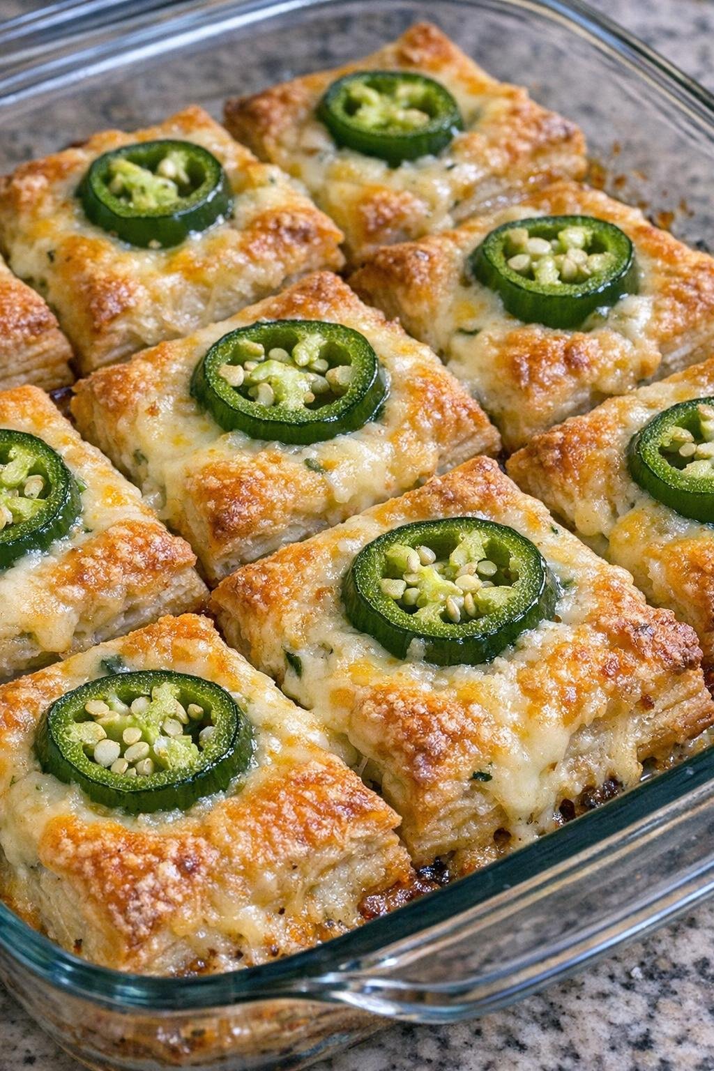 Crisp pastry squares topped with green pepper slices in a glass casserole dish
