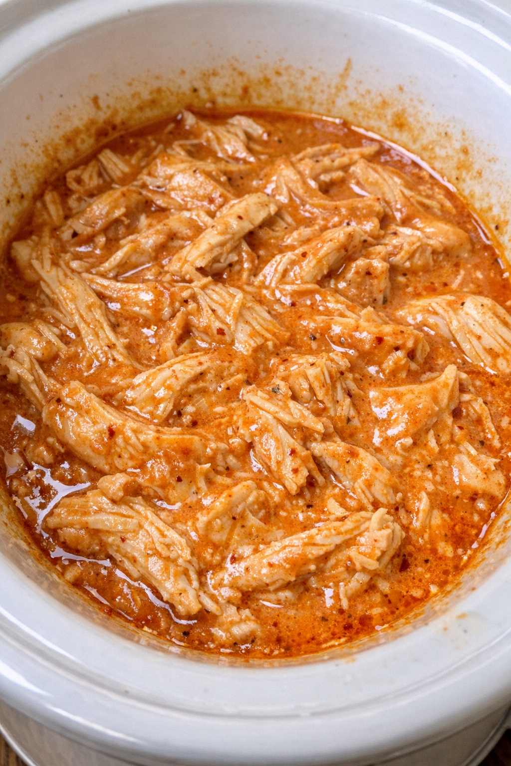 Creamy paprika chicken in a white slow cooker