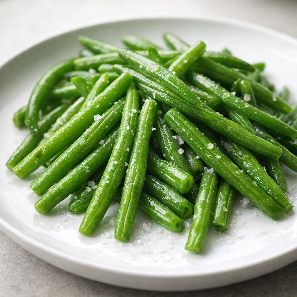 Bright green beans arranged on a white plate
