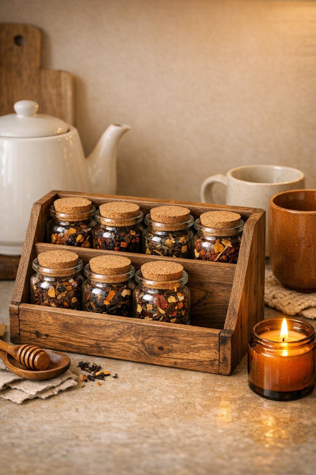 Finished rustic wooden tea station with glass spice jars filled with autumn teas