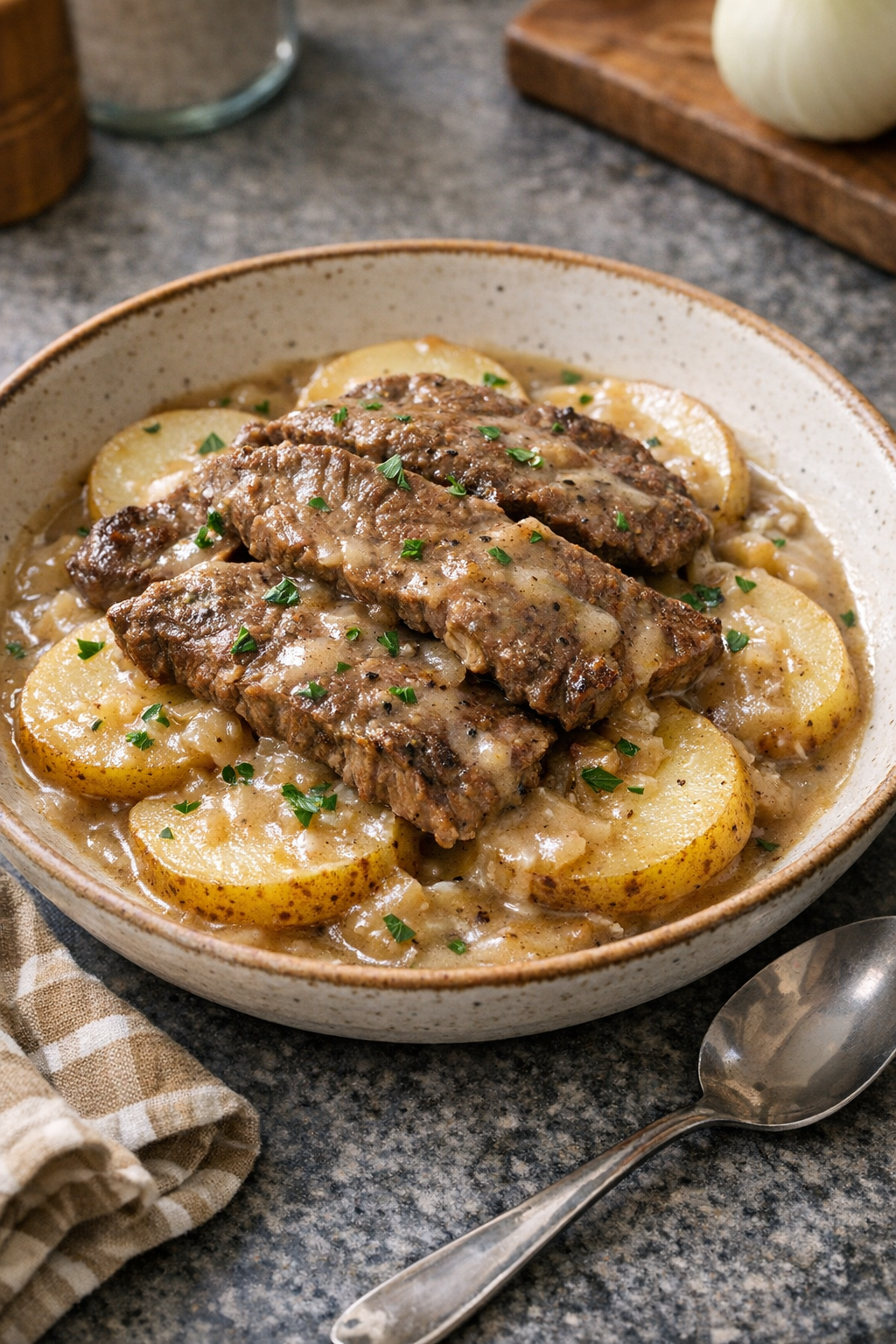 Finished Amish potato beef plated in a rustic bowl