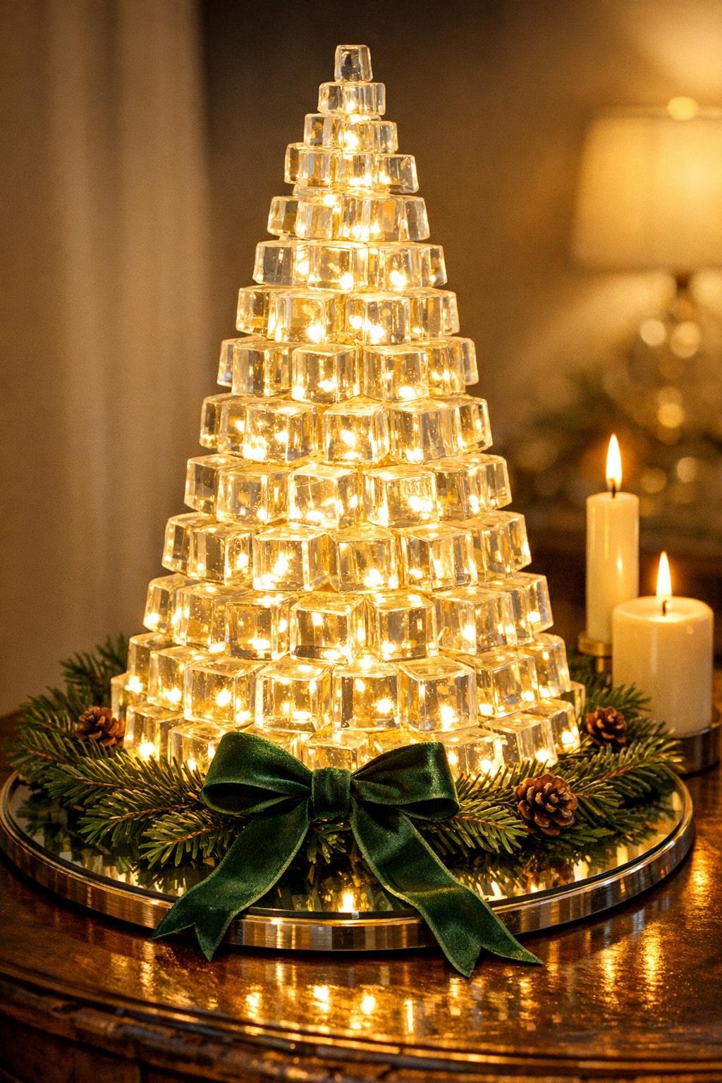 Finished glowing Christmas tree made from hot glue cubes displayed on a holiday table