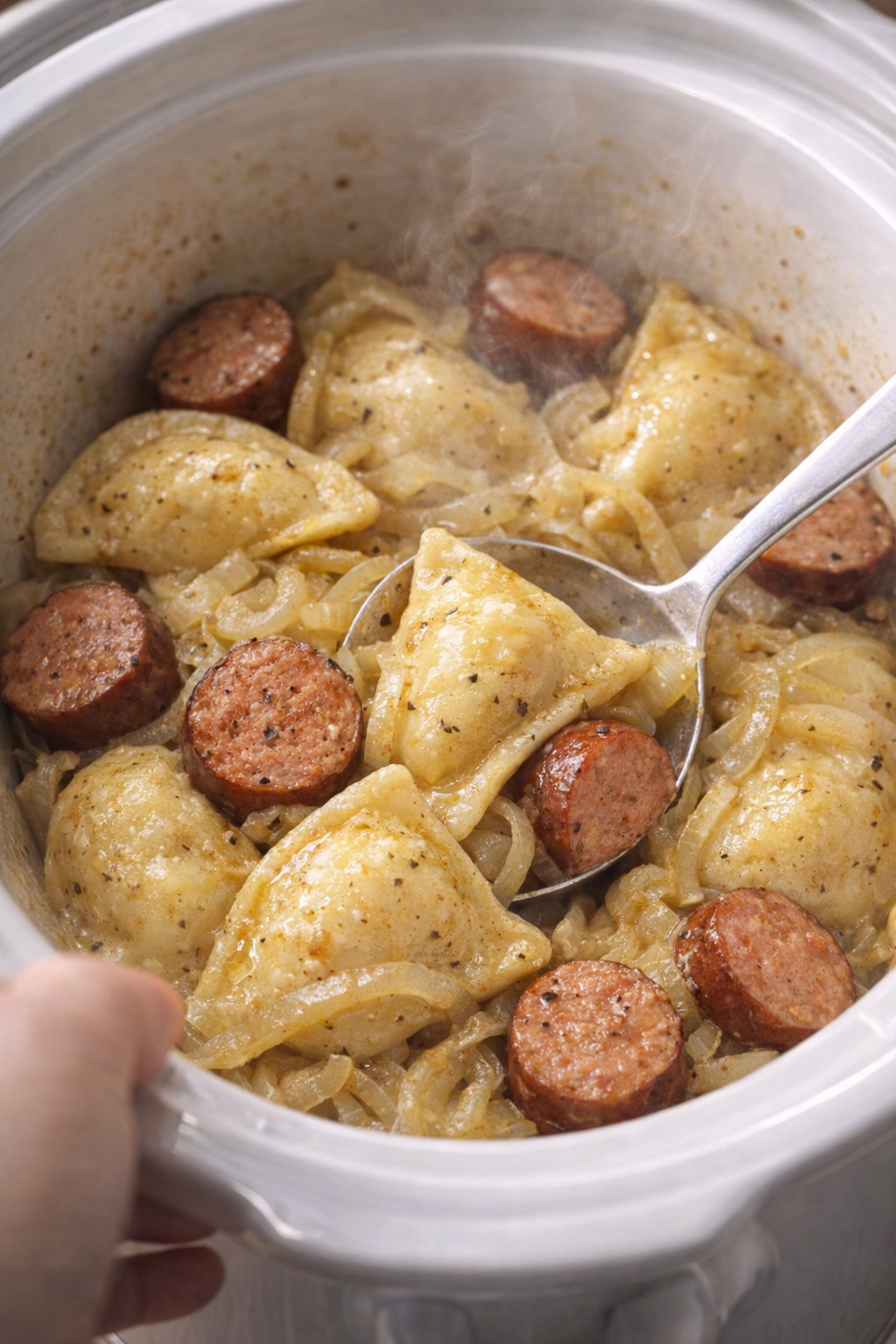 Cooked sausage and pierogies being stirred
