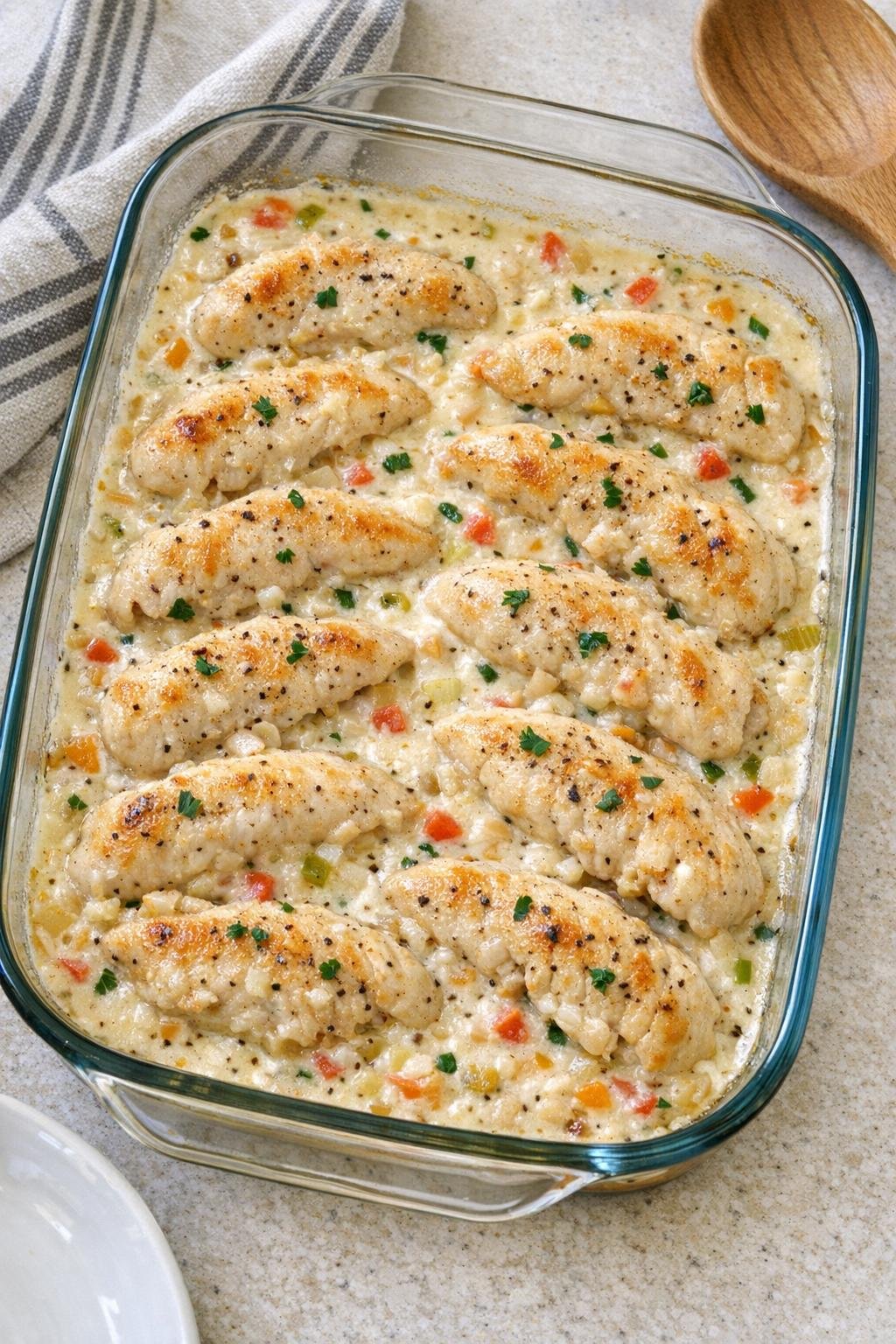 Finished baked chicken tenderloins in creamy sauce