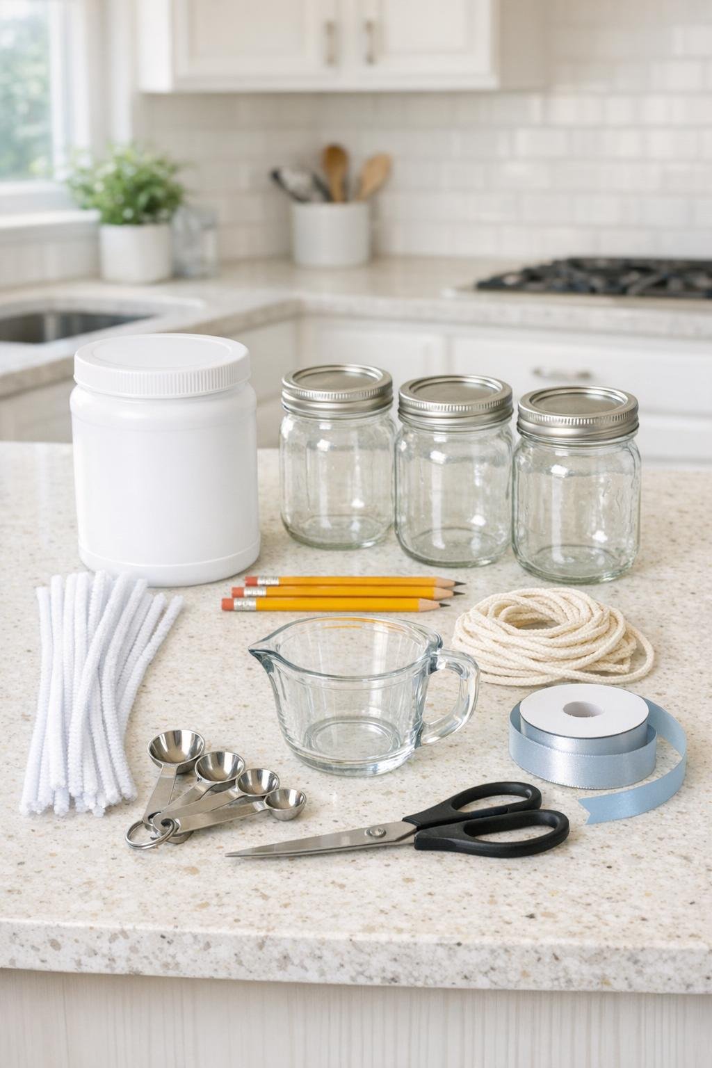 Materials for growing crystal ornaments laid out on a counter