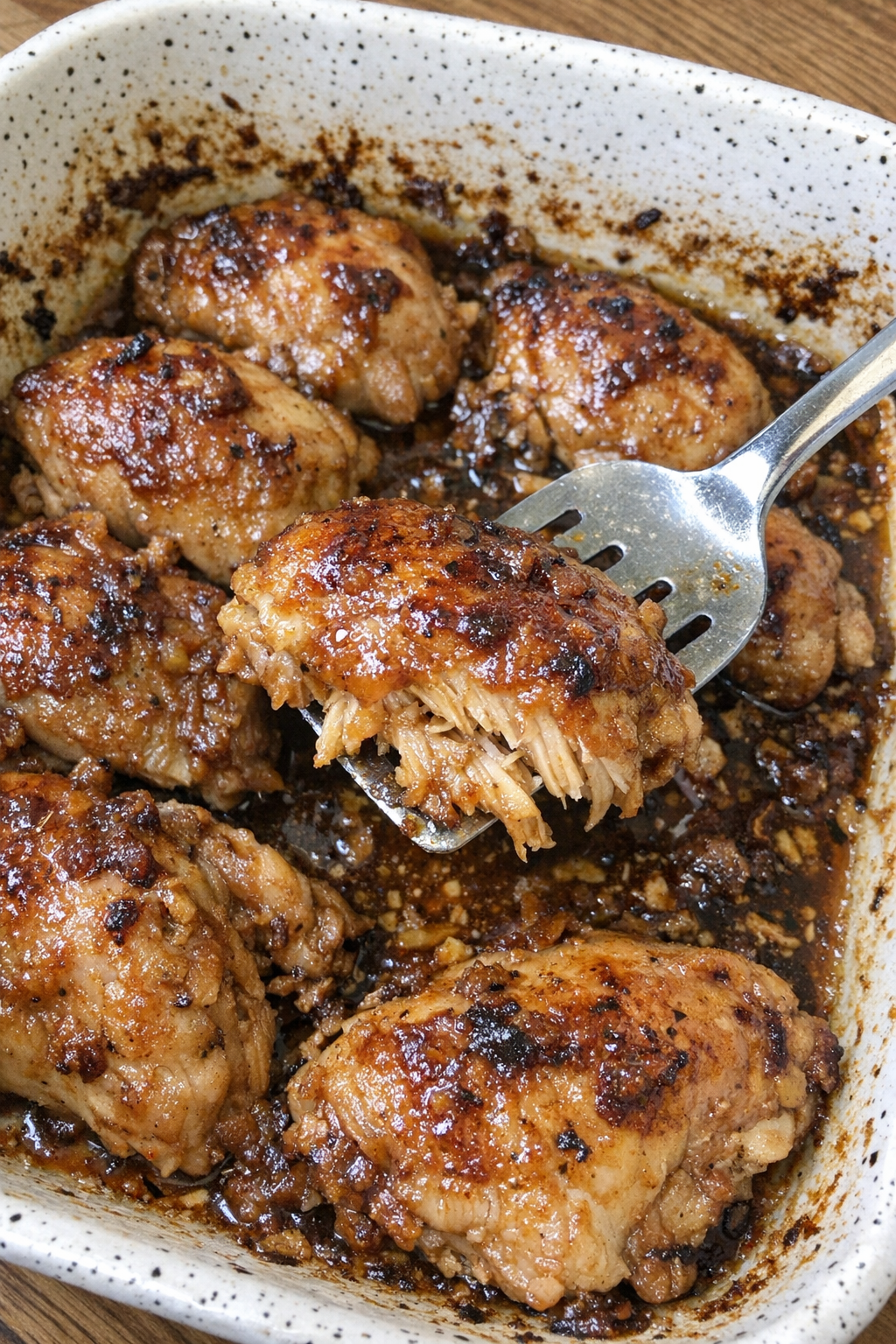 Tender chicken in savory sauce in a white speckled casserole dish