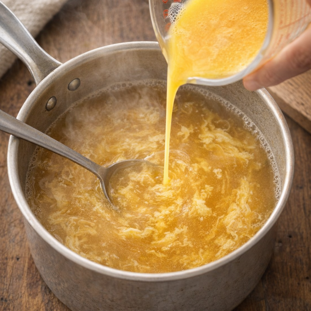 Beaten eggs being drizzled into simmering broth