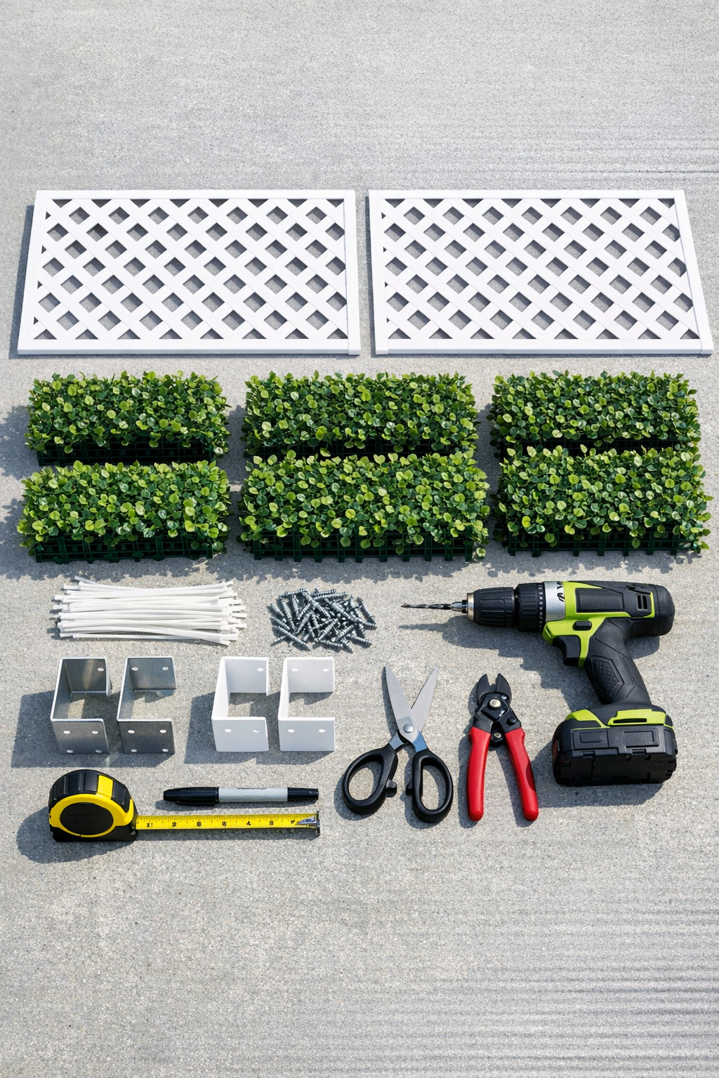 Patio privacy screen materials laid out neatly