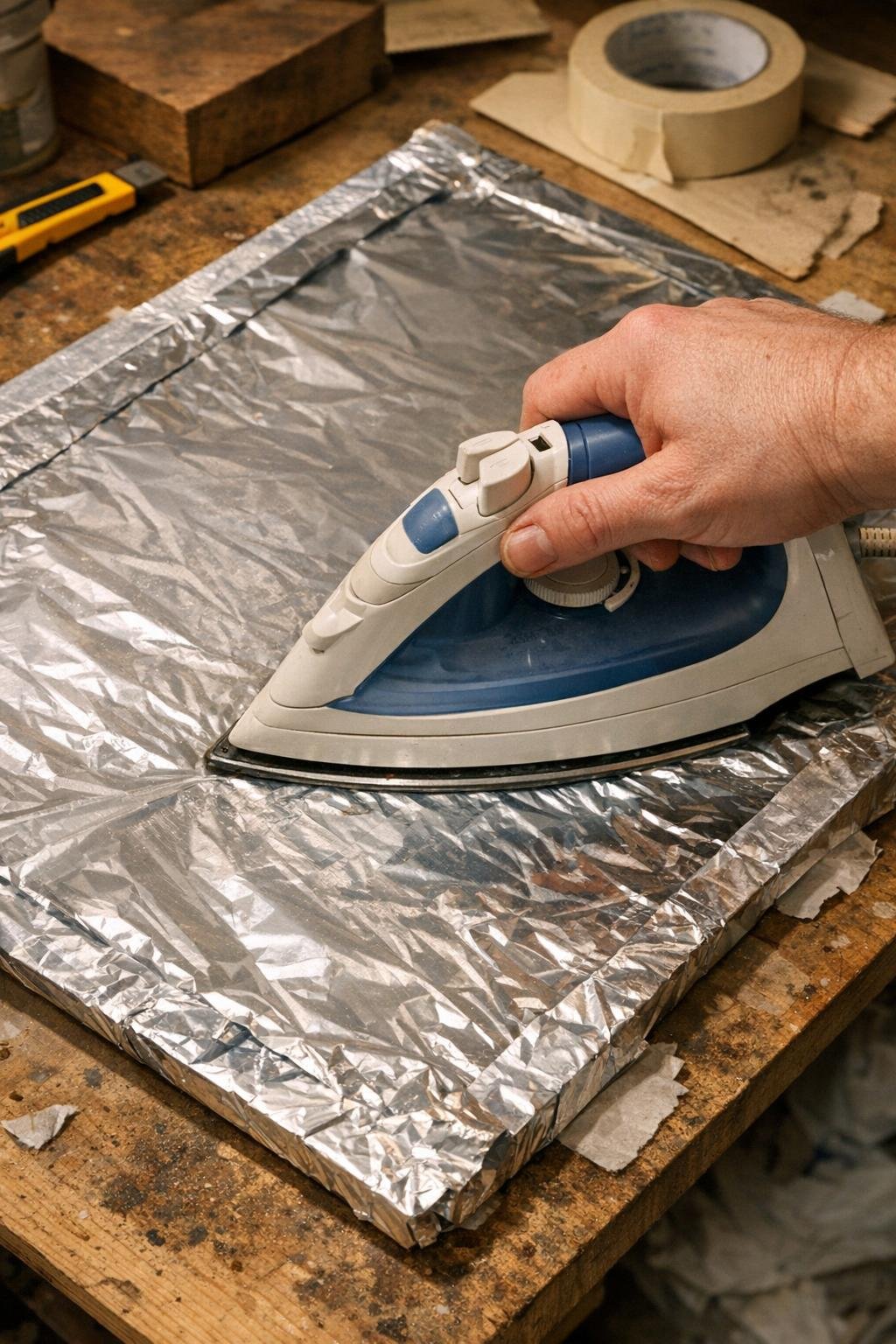 Iron gliding steadily across a wrapped panel during bonding