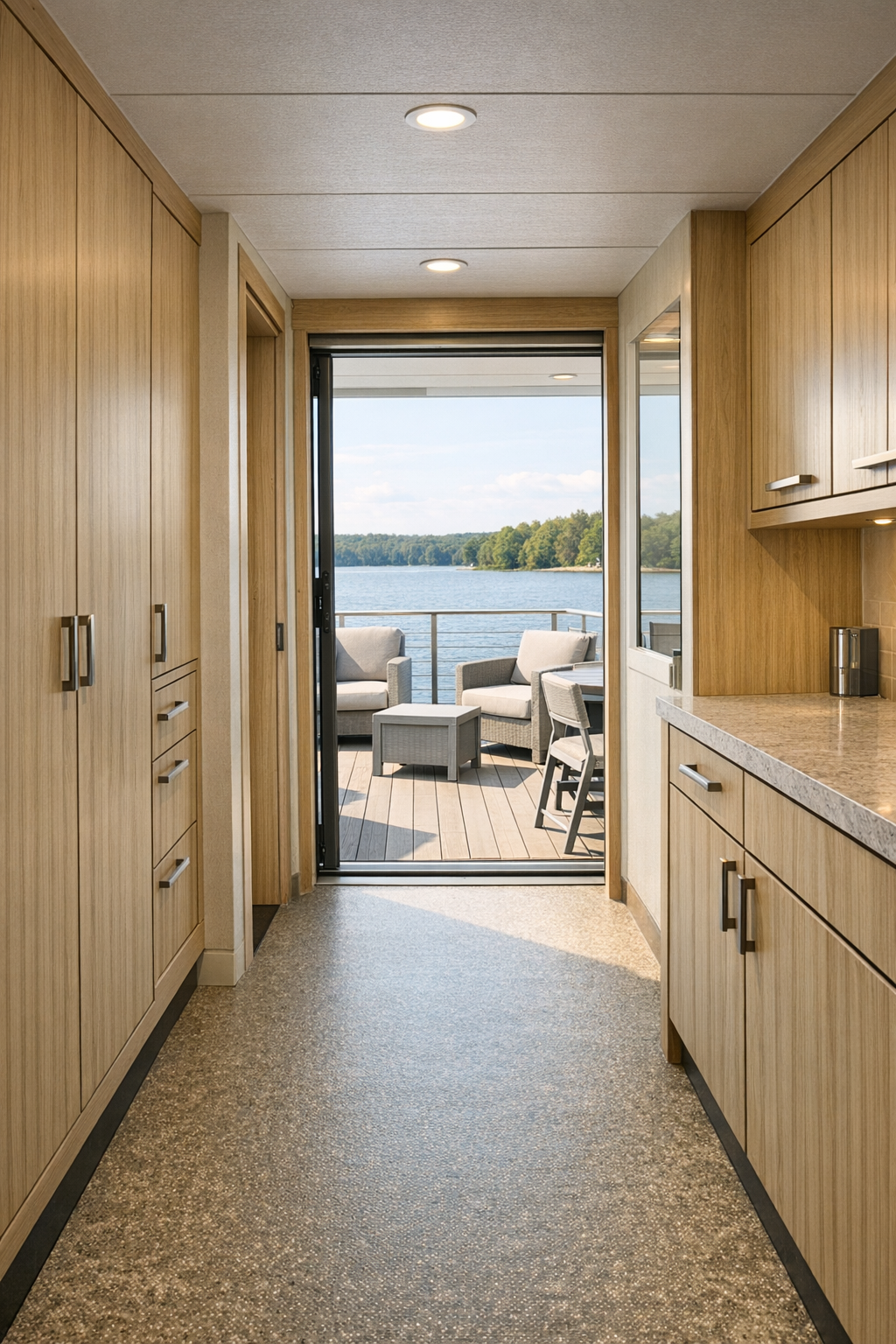 Accessible hallway and deck area on the modern Lake Powell houseboat