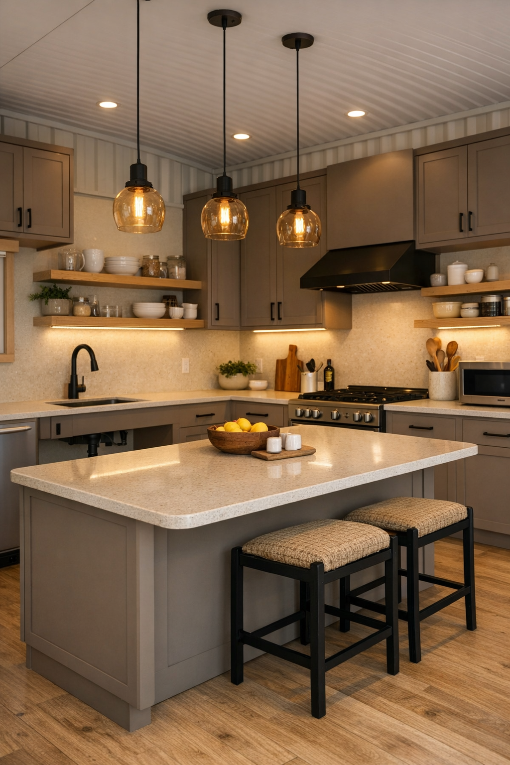 Warm taupe accessible kitchen with broad island, matte cabinetry, and quartz surfaces
