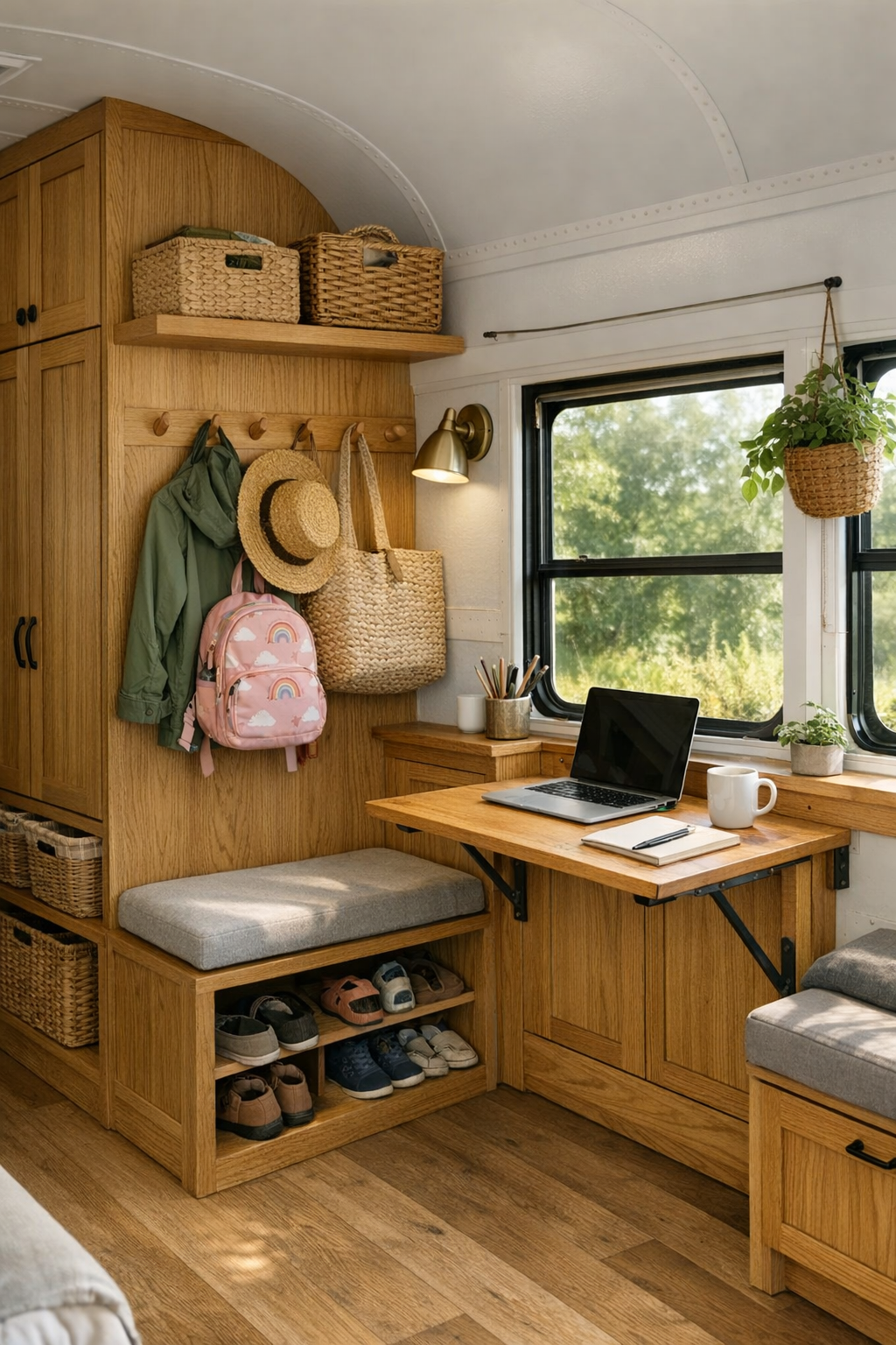 Smartly organized transitional area in the converted bus with built-in storage, hooks, and a compact multipurpose nook