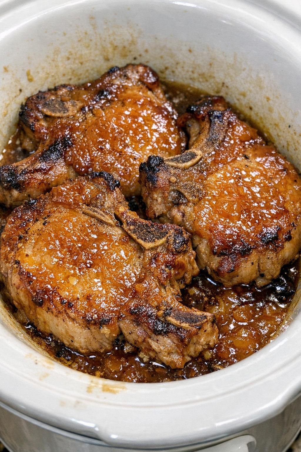 Slow cooker apricot preserves pork chops in a white slow cooker