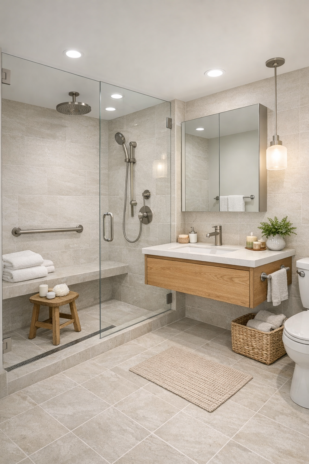 Accessible bathroom with limestone-look tile, a curbless shower, and a floating oak vanity