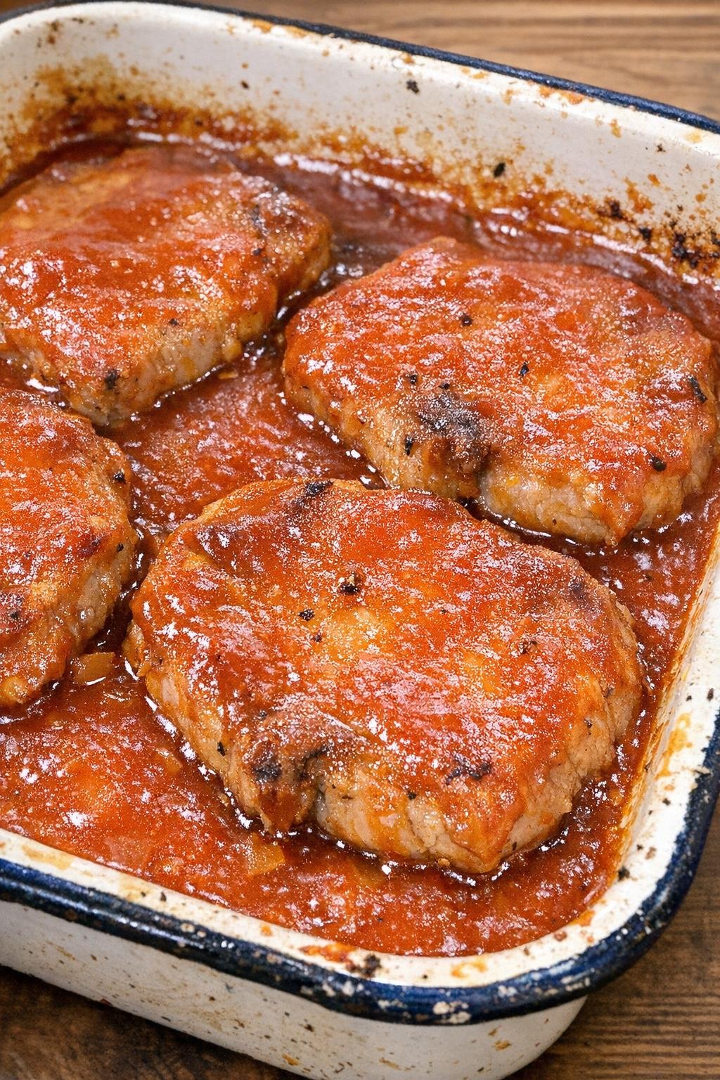 Tender pork chops in tomato sauce in a vintage baking dish
