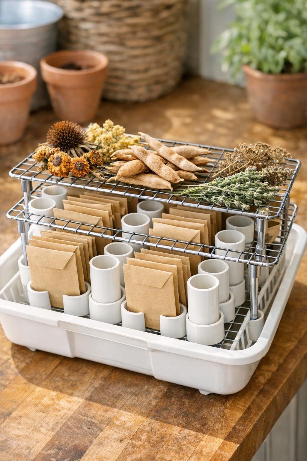 Finished PVC seed-saving drying rack holding envelopes and drying seed heads