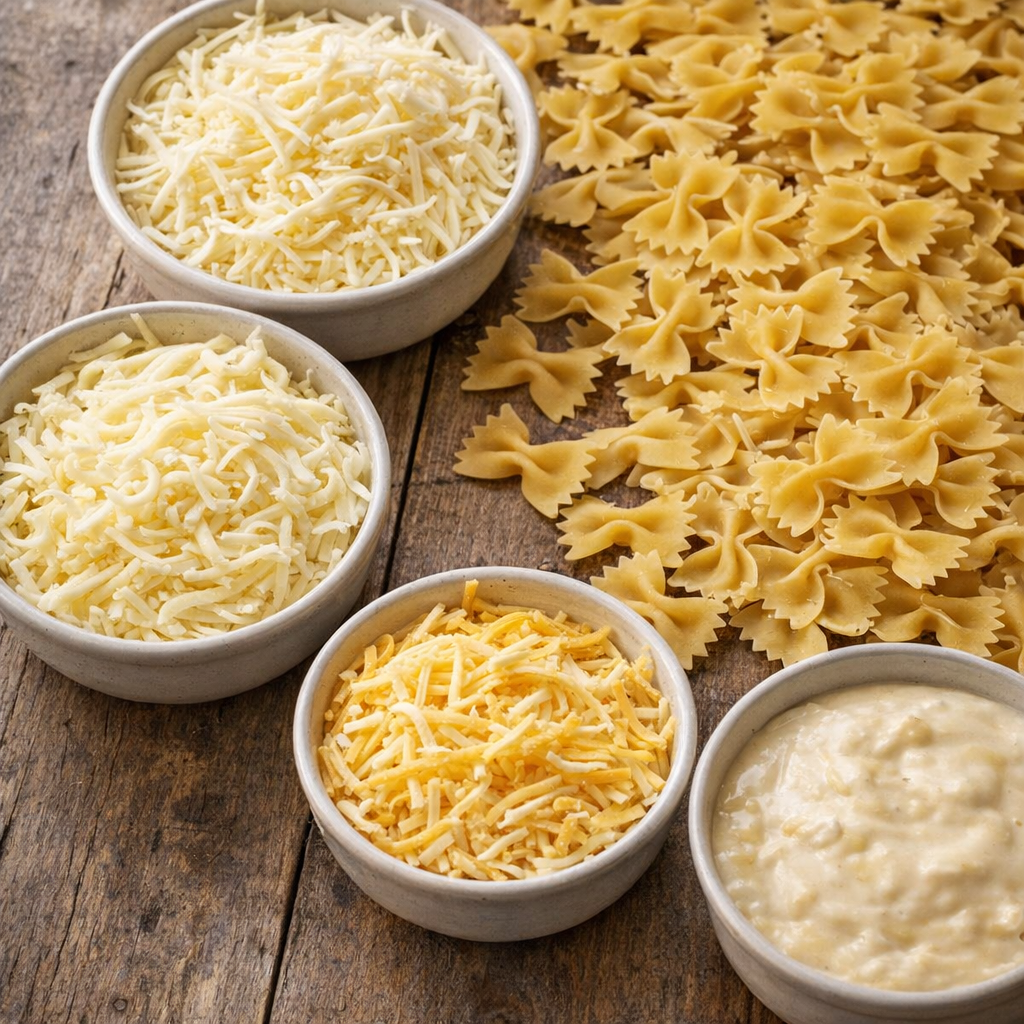 Small bowls of soup and cheeses for recipe variations