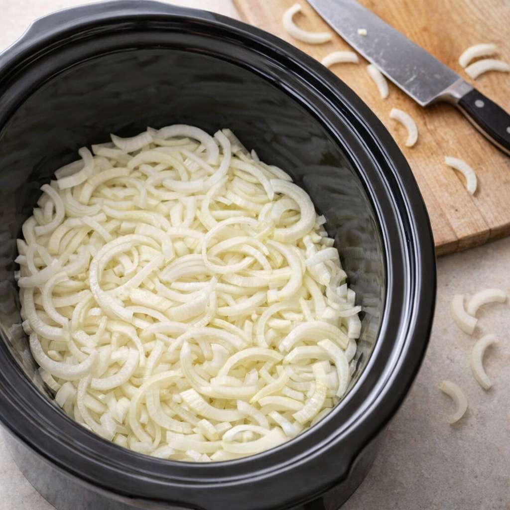 Sliced onions layered in a slow cooker