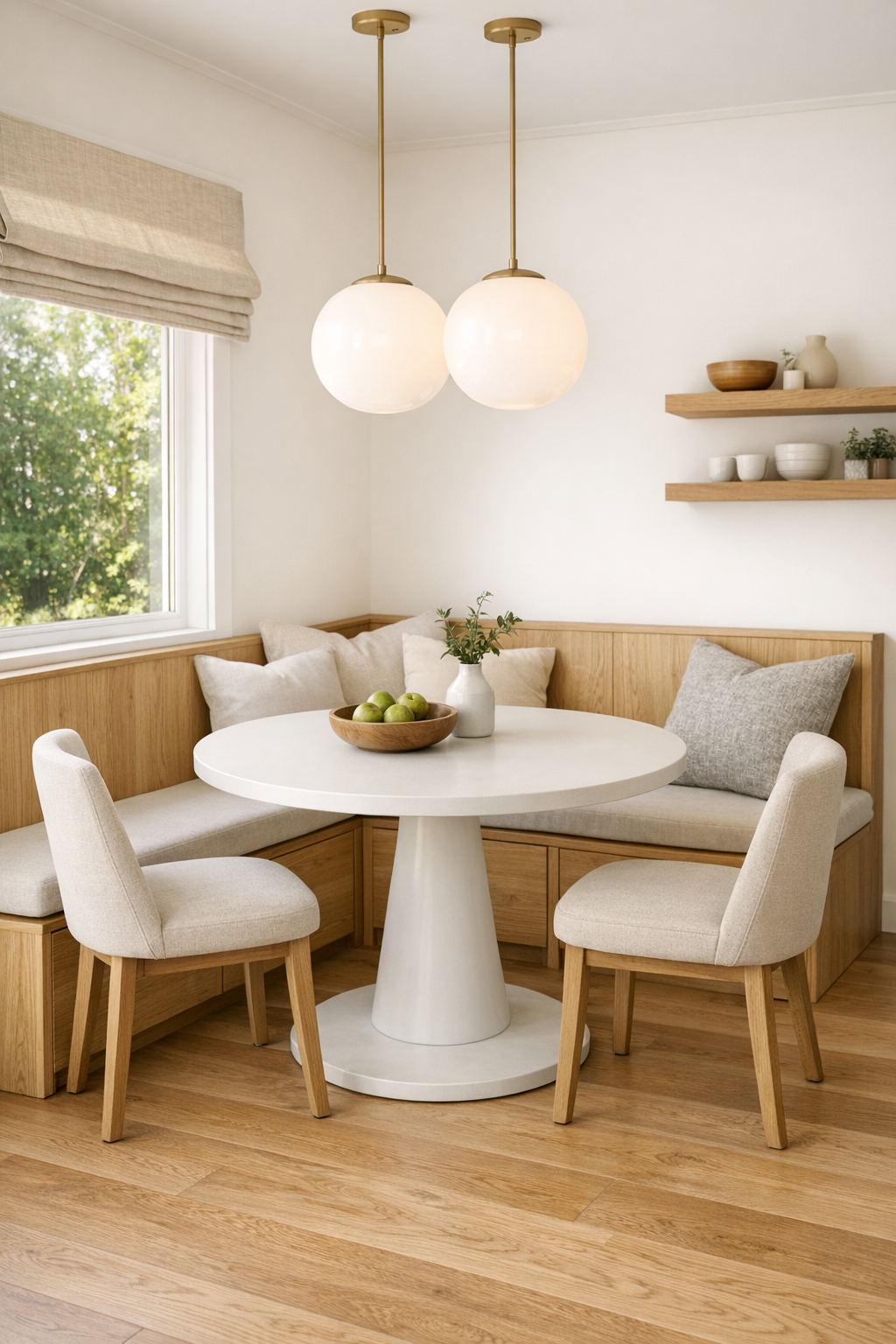 Compact accessible dining area with a round pedestal table and built-in banquette
