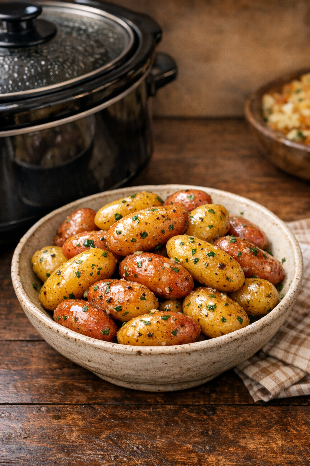 Finished butter baby potatoes plated in a serving bowl