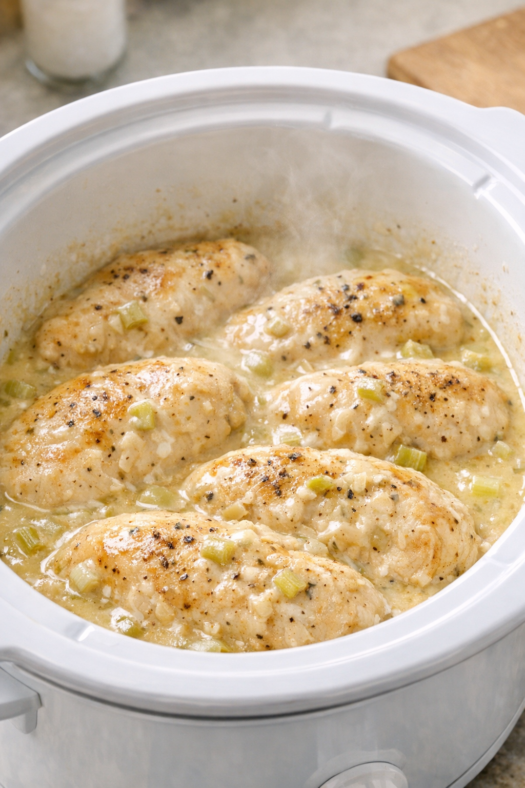 Cooked cream of celery chicken in the slow cooker