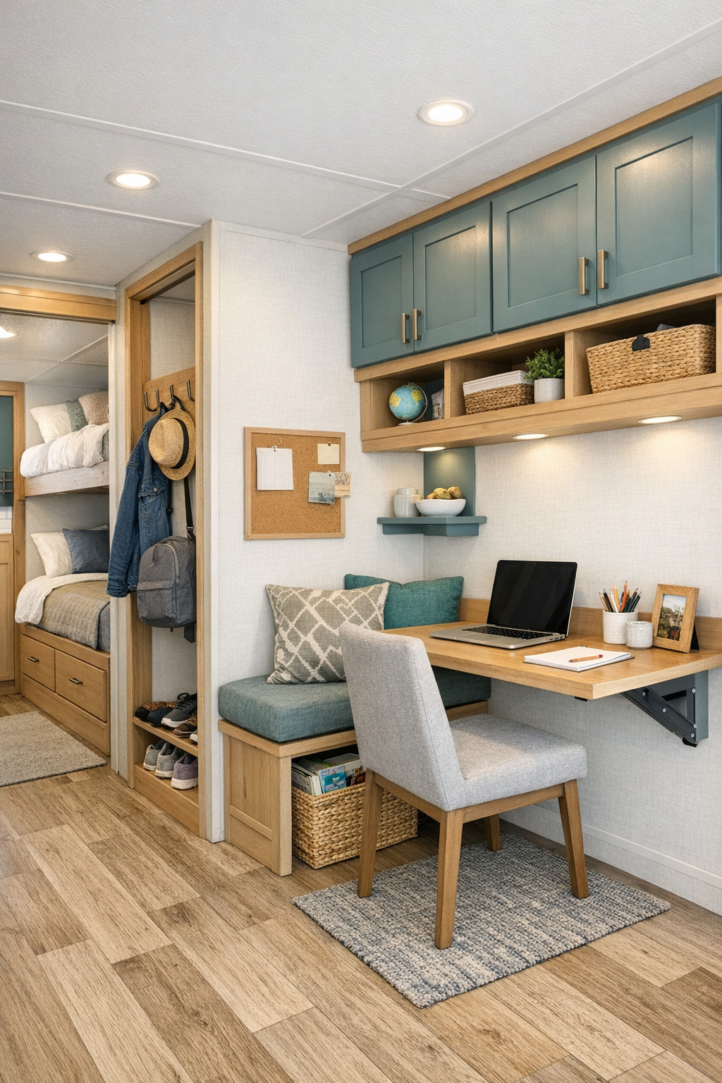 Smart RV storage and flex nook with fold-down desk and built-ins