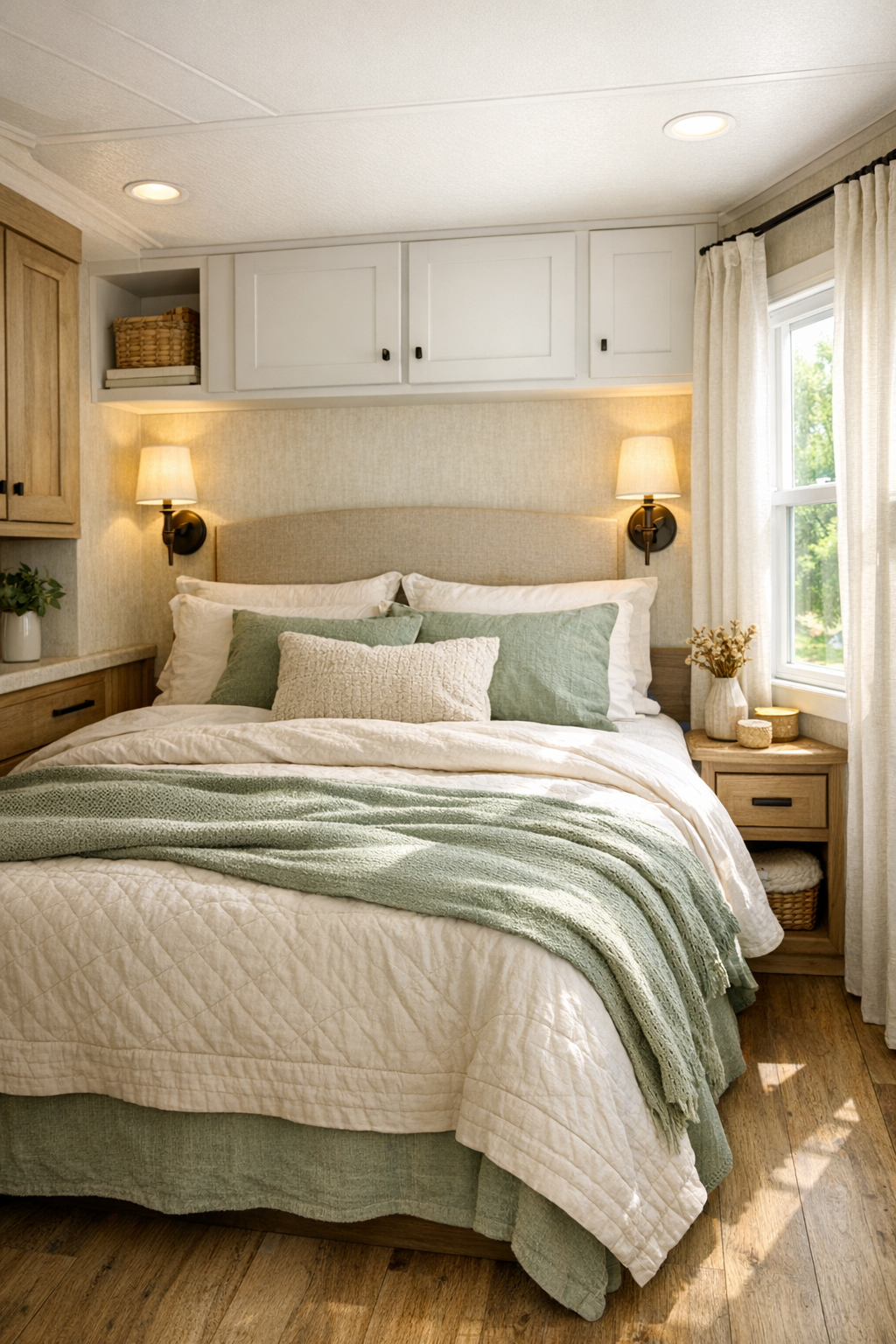 Peaceful cottage bedroom with layered linens and sage accents