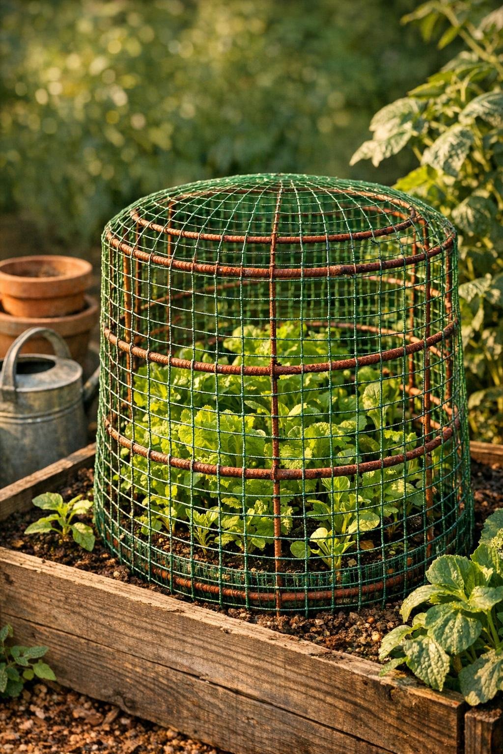 Finished raised bed critter cage made from tomato cages over a garden bed