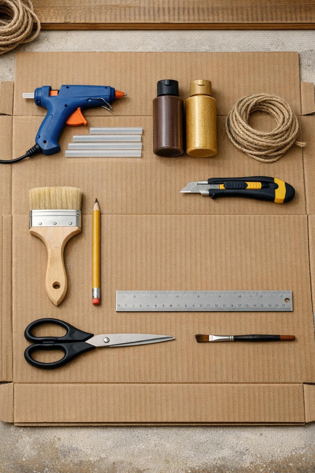 Materials for the cardboard and hot glue wall project laid out together