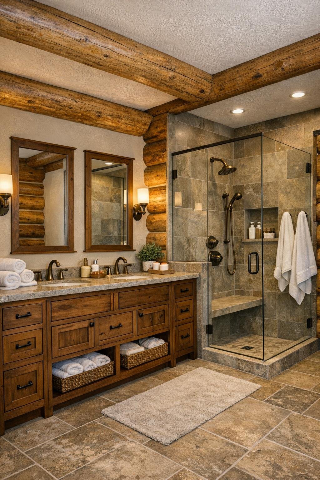 Spa-like rustic bathroom with wood vanity and glass shower