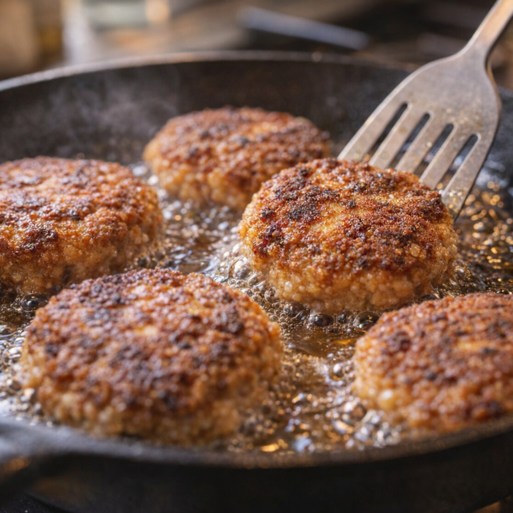Salmon patties frying in a skillet