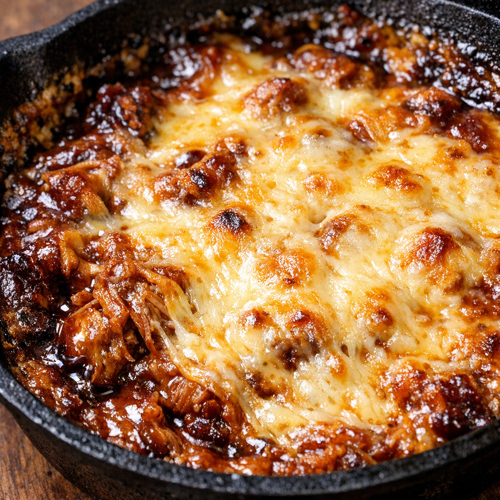 Southern 3-ingredient pulled pork dip in a cast iron skillet