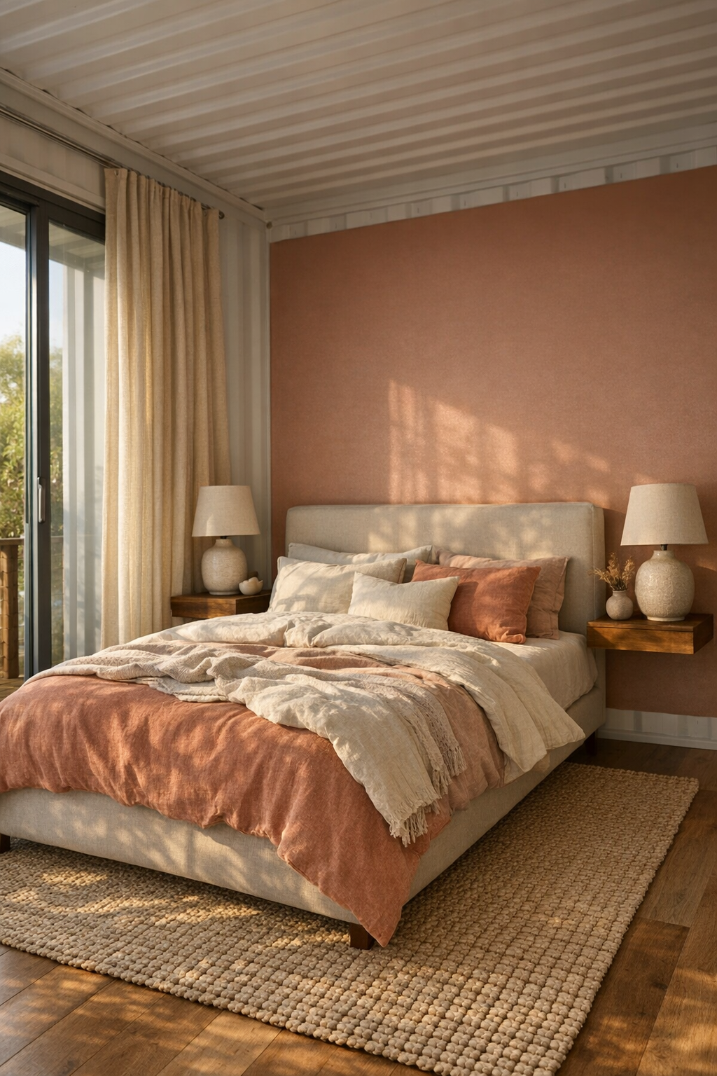 Bedroom with upholstered bed, linen bedding, oat curtains, and soft blush-clay wall