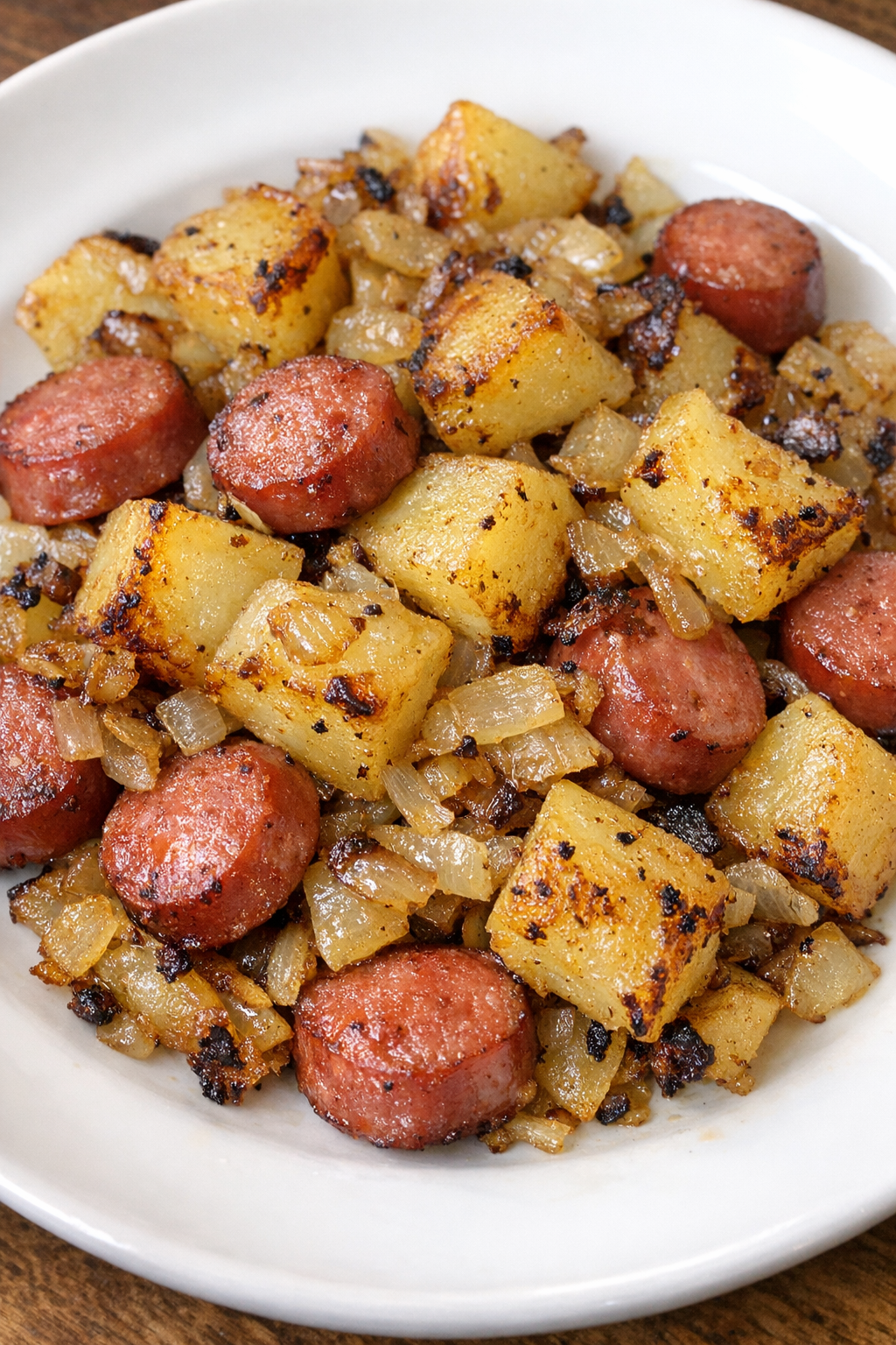 Finished poor man's meal with potatoes, hot dogs, and onions
