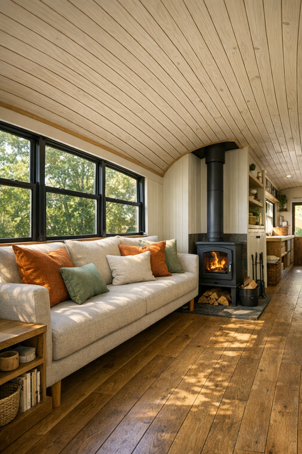 Warm converted bus living room with linen sofa, wood ceiling, and compact stove