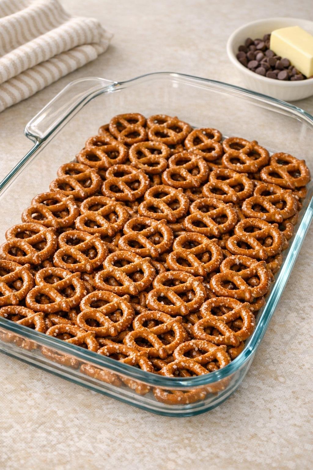 Hele pretzels gerangschikt in een glazen ovenschaal