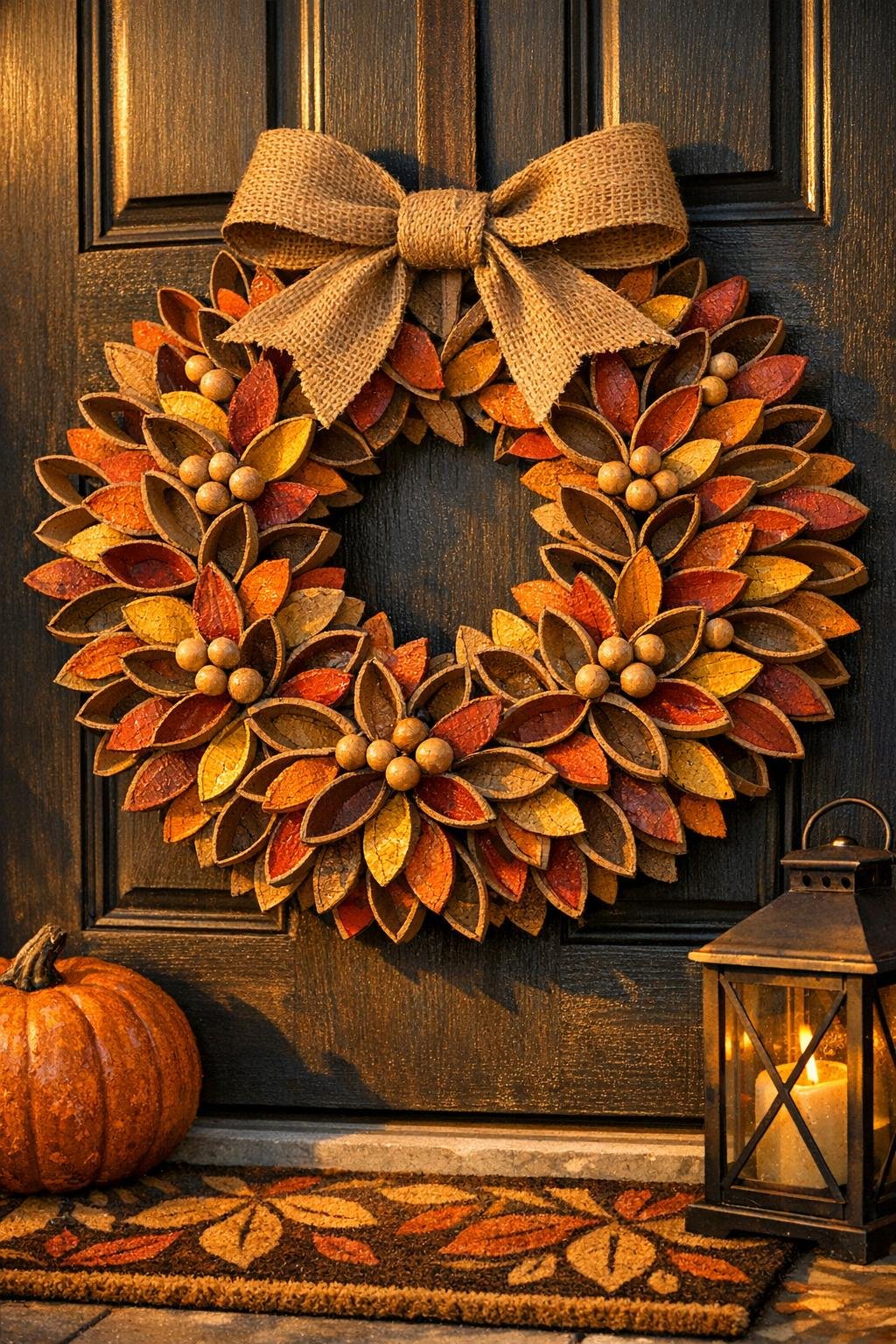 Finished harvest wreath made from cardboard roll rings hanging on a front door