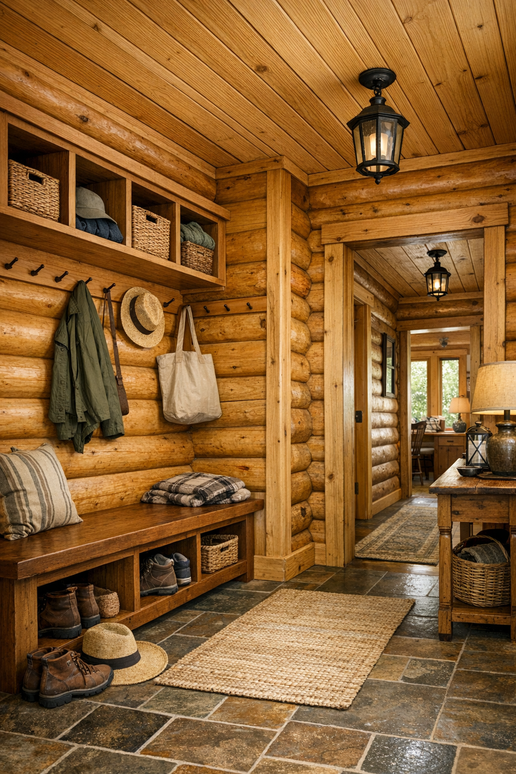 Entry and hallway area with built-in bench, storage cubbies, and handcrafted woodwork