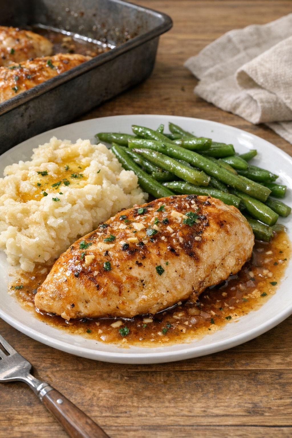 Baked chicken breasts in a dark metal pan with a simple savory sauce